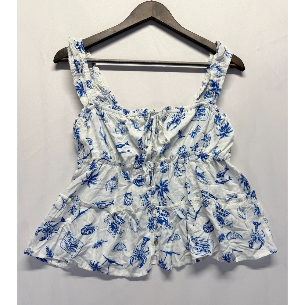 Rewind Tiered Woven Tank Top Womens Medium White Blue Souvenir Print Tie Neck